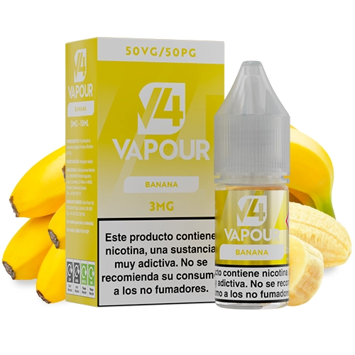 Frasco y caja amarilla de V4 Vapour Banana, con indicaciones 50VG/50PG y 3MG, junto a plátanos sobre fondo blanco.