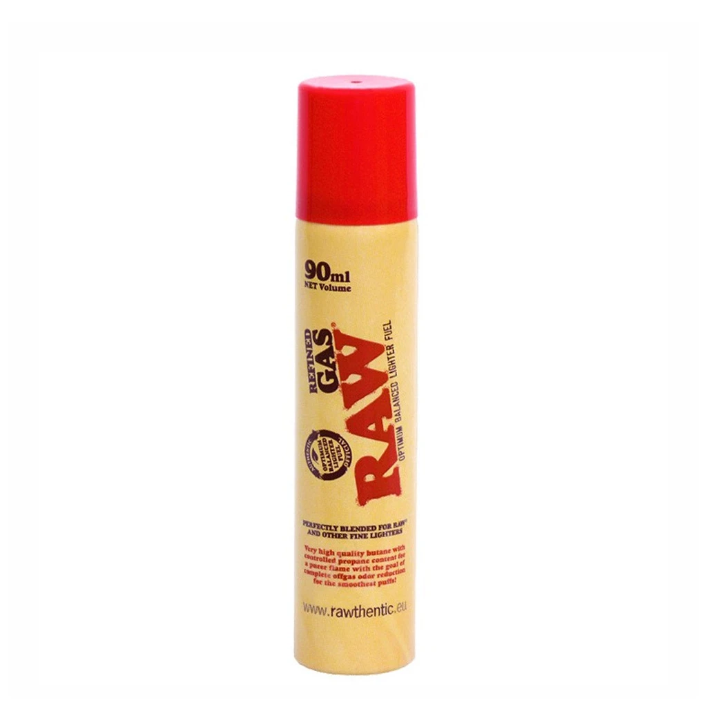 Bote alargado de RAW Gas Refinado de 90 ml, con cuerpo amarillo, letras rojas y tapón rojo, sobre fondo blanco.
