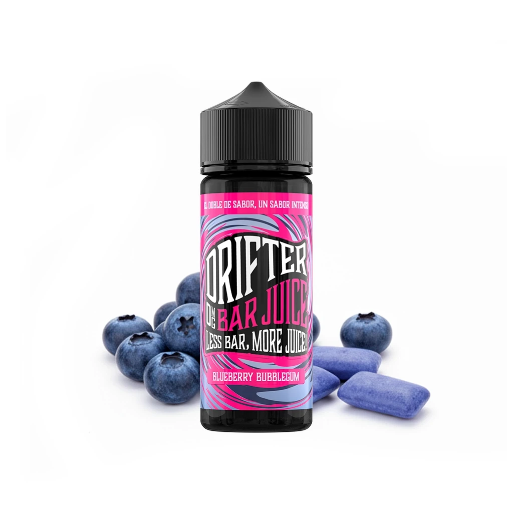 Frasco Drifter Bar Blueberry Bubblegum con tapón negro y etiqueta rosa y azul, acompañado de arándanos y piezas rectangulares moradas.