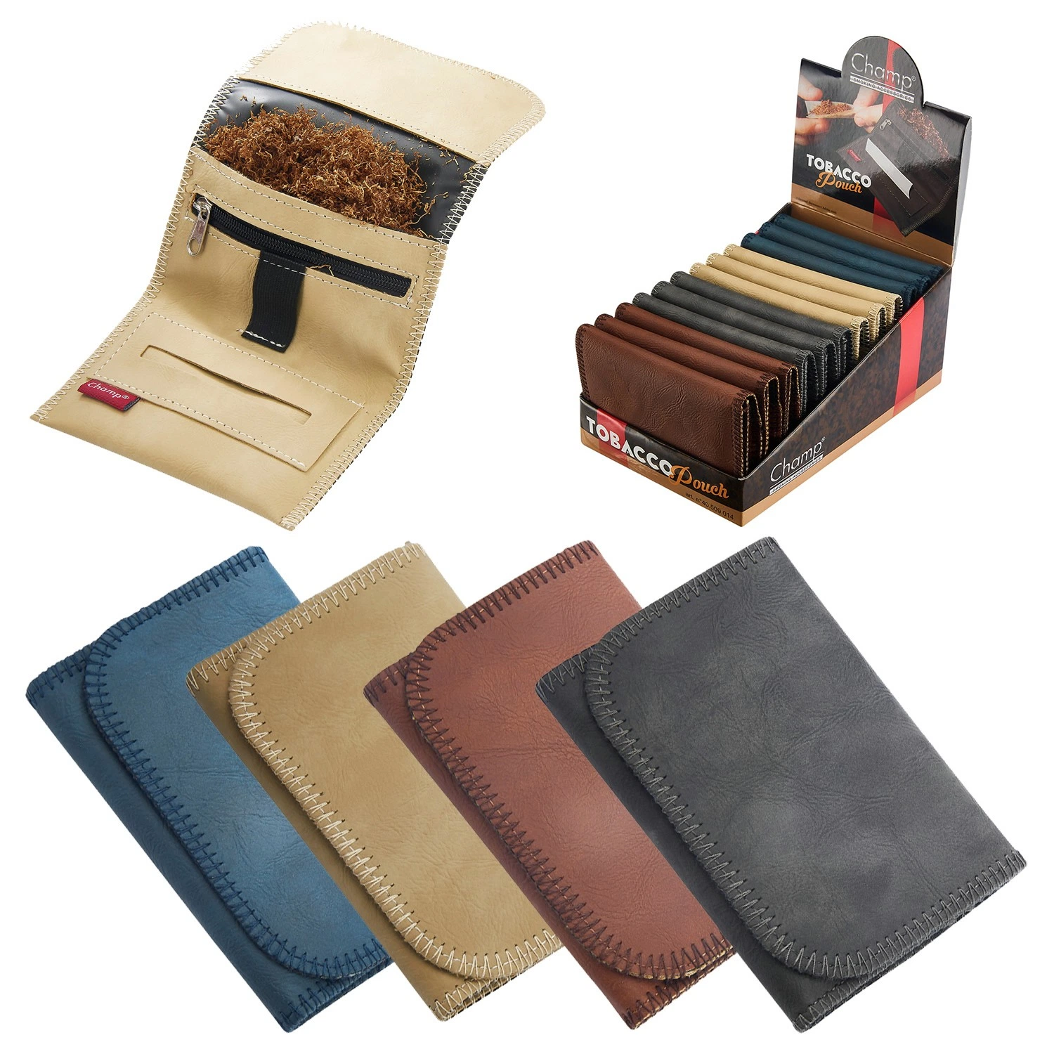 Bolsas Champ para tabaco en azul, beige, marrón y gris, con costuras visibles; una abierta muestra sus compartimentos junto al expositor.