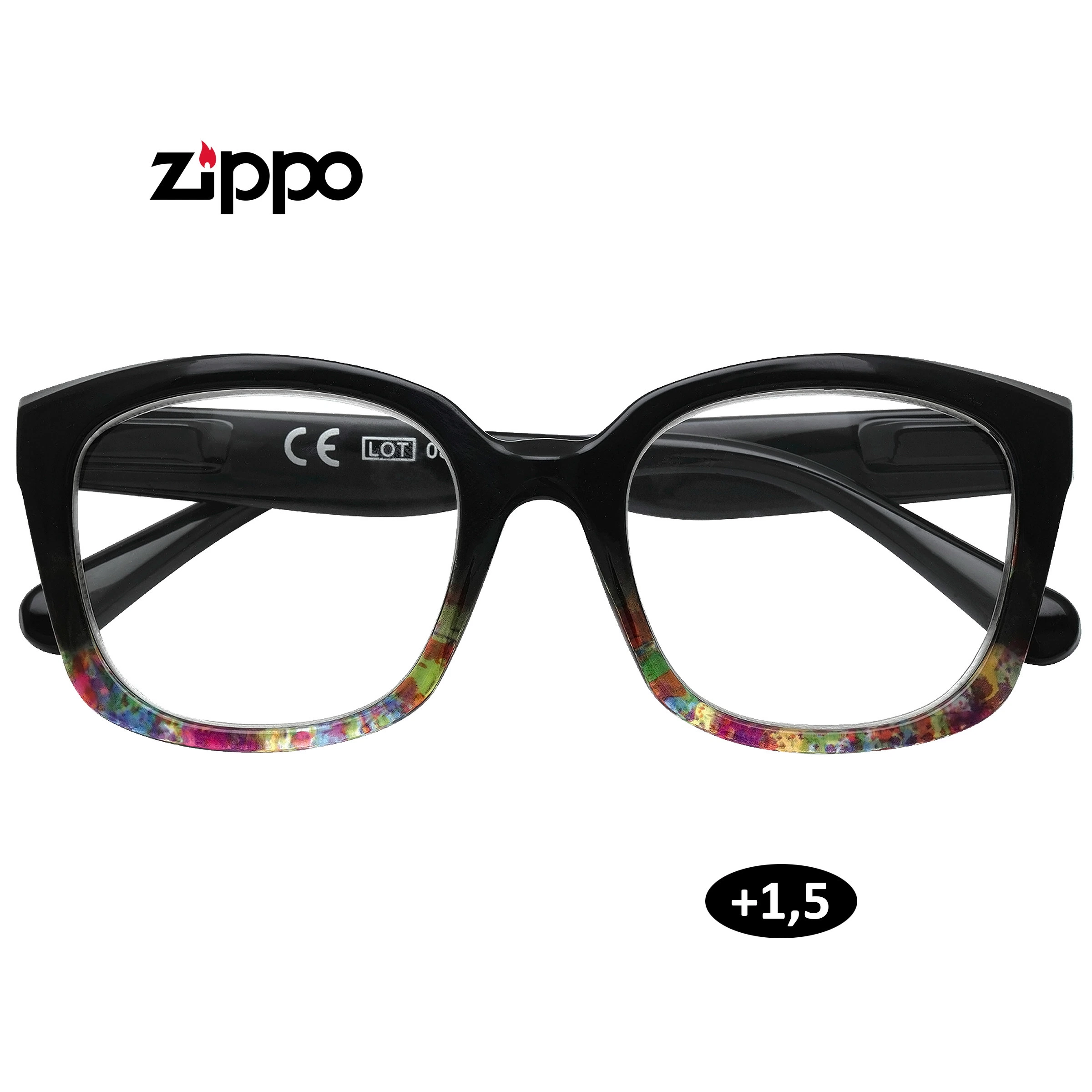 Gafas de lectura Zippo de frente, con montura negra y borde inferior multicolor; la imagen indica una graduación de +1,5.