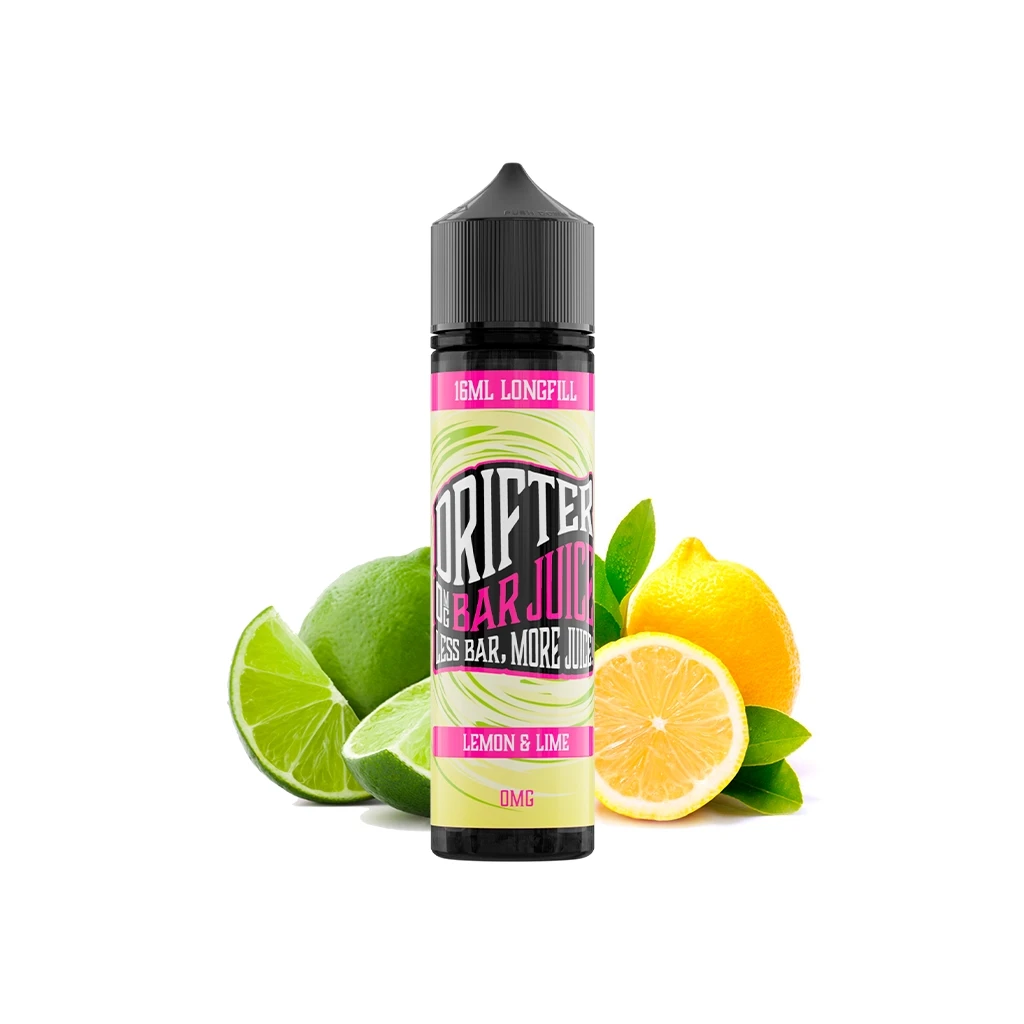 Bote Drifter Bar Lemon Lime Longfill con tapón negro y etiqueta verde y rosa que indica 16 ml y 0 mg, rodeado de limones y limas.