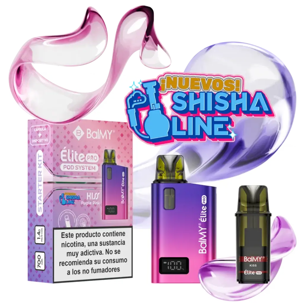 Kit Balmy Élite Pro con dispositivo de degradado violeta y rosa, pantalla, cartucho Kiss y caja Purple Pink sobre fondo de formas brillantes.