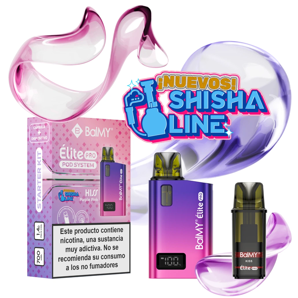 Kit Balmy Élite Pro con dispositivo de degradado violeta y rosa, pantalla, cartucho Kiss y caja Purple Pink sobre fondo de formas brillantes.