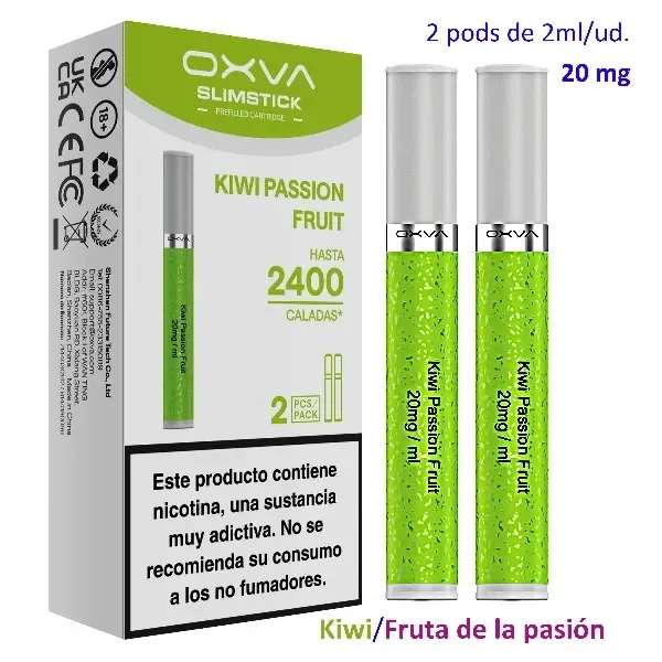 Pods OXVA SlimStick Kiwi Passionfruit verdes con boquillas plateadas, junto a su caja con indicación de 20 mg/ml y advertencia de nicotina.