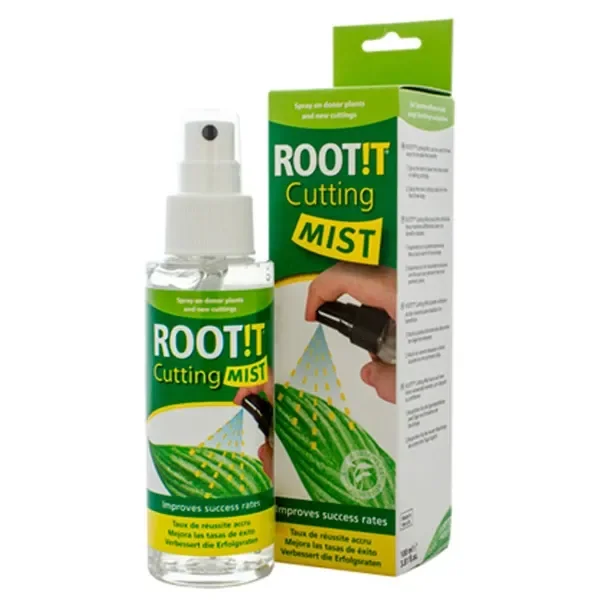 Frasco pulverizador Cutting Mist ROOT!T junto a su caja verde, con una ilustración de aplicación sobre una hoja.