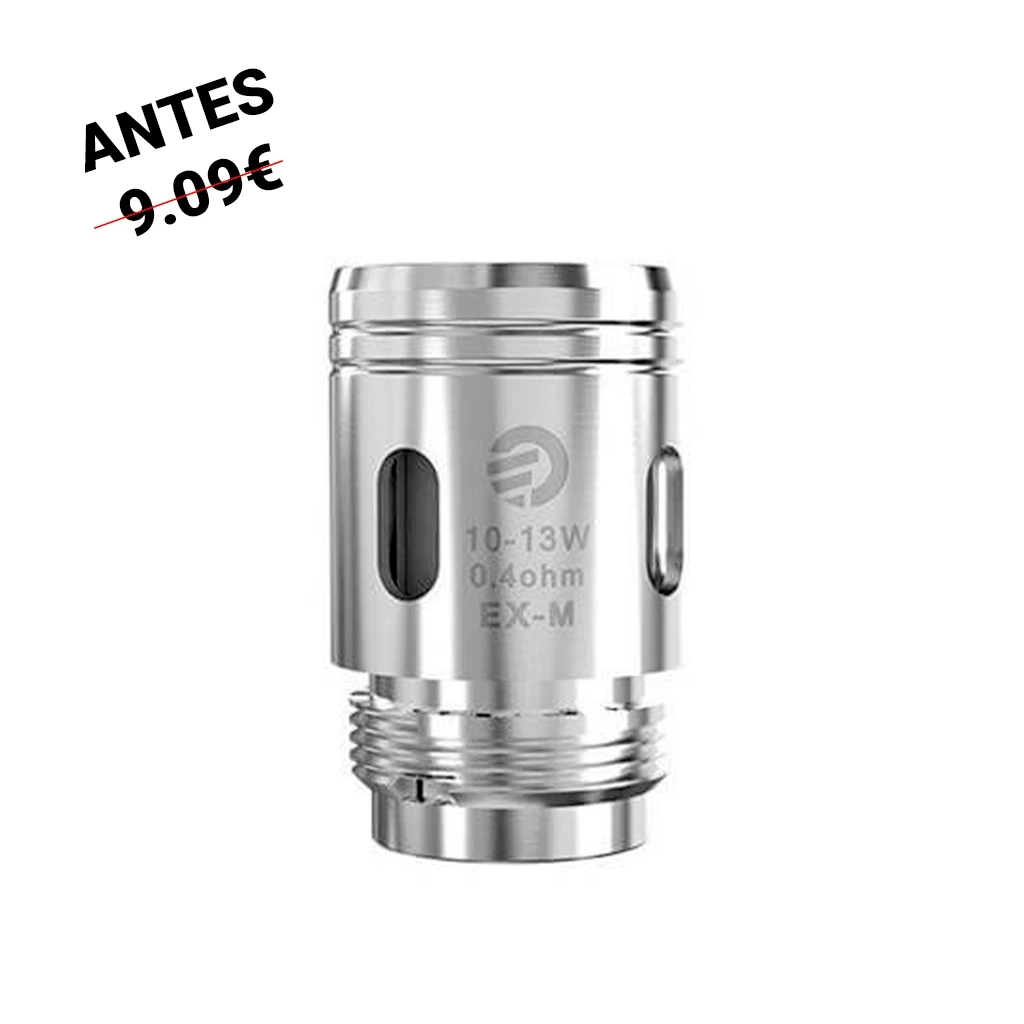 Resistencia Joyetech EX-M plateada, con rosca inferior y aberturas laterales; lleva grabados 0,4 ohm y 10–13 W.