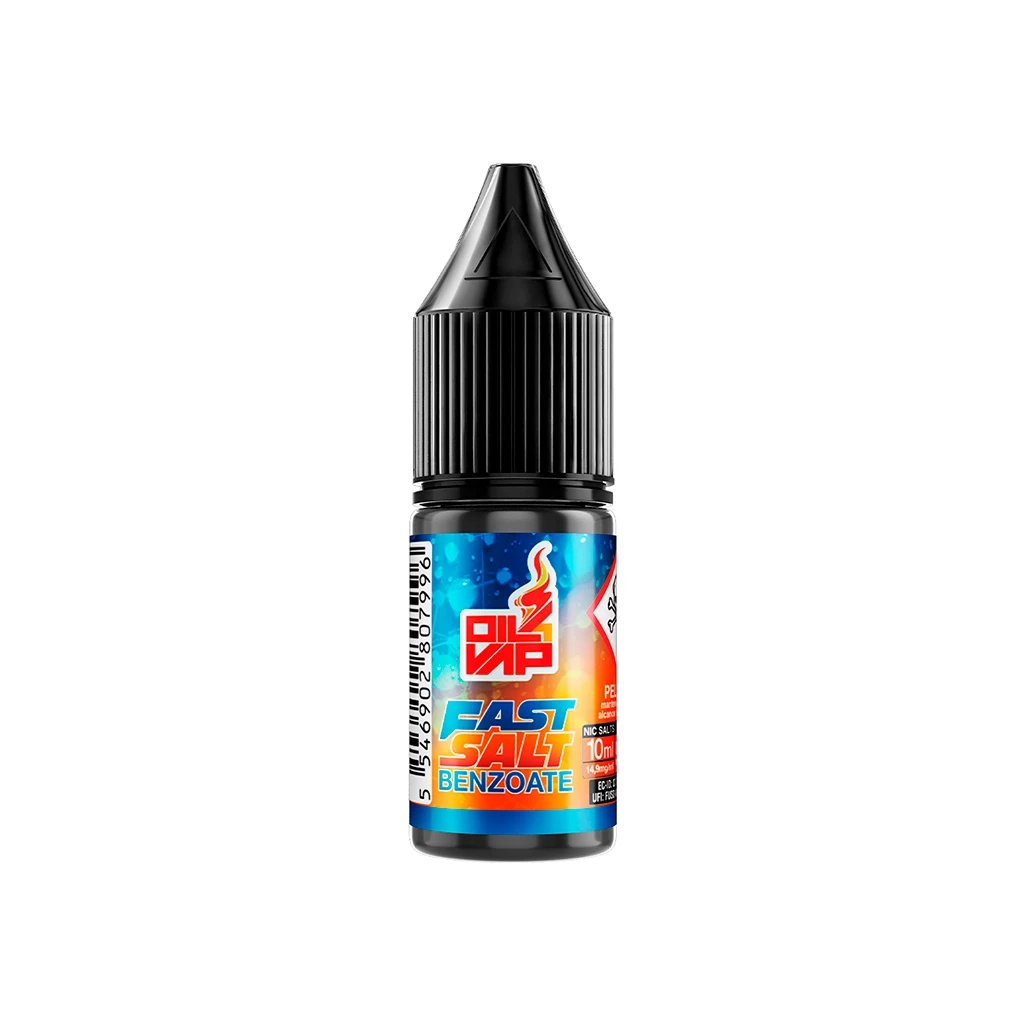 Frasco Oil4Vap Fast Salt Benzoate con tapón negro estriado y etiqueta azul y naranja que indica sales de nicotina y 10 ml.
