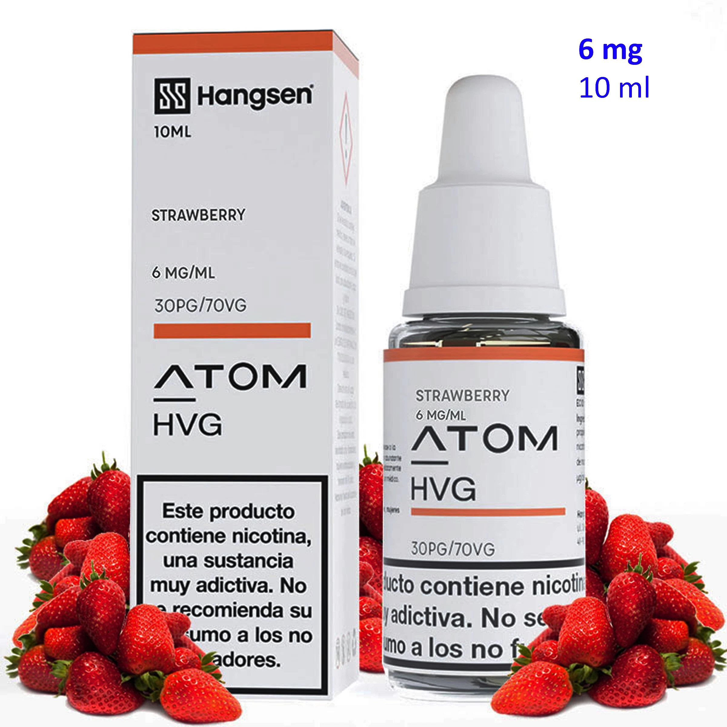 Líquido Hangsen Atom Strawberry con su caja y bote de tapón blanco, rodeados de fresas; etiqueta de 10 ml y 6 mg/ml.