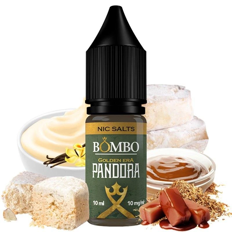 Frasco Pandora Golden Era Nic Salts de Bombo, con etiqueta de 10 ml y 10 mg/ml, rodeado de dulces, crema y vainilla.