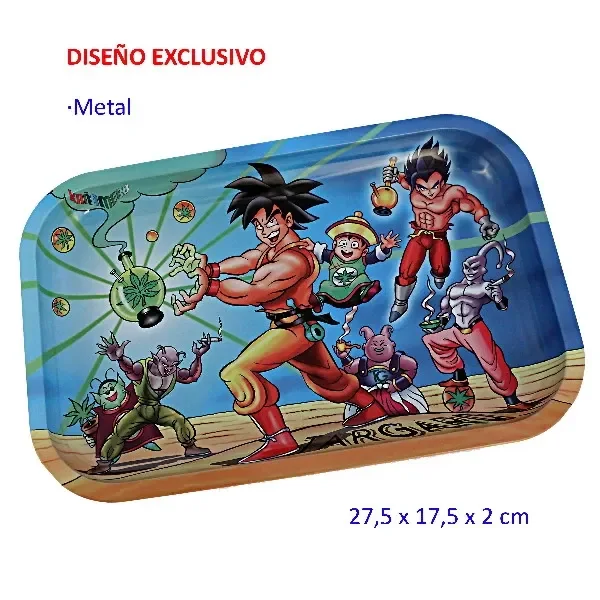 Bandeja rectangular de esquinas redondeadas con luchadores de anime, hojas verdes y fondo azul, vista en perspectiva. Bandeja rectangular de esquinas redondeadas con luchadores de anime, hojas verdes y fondo azul, vista en perspectiva.