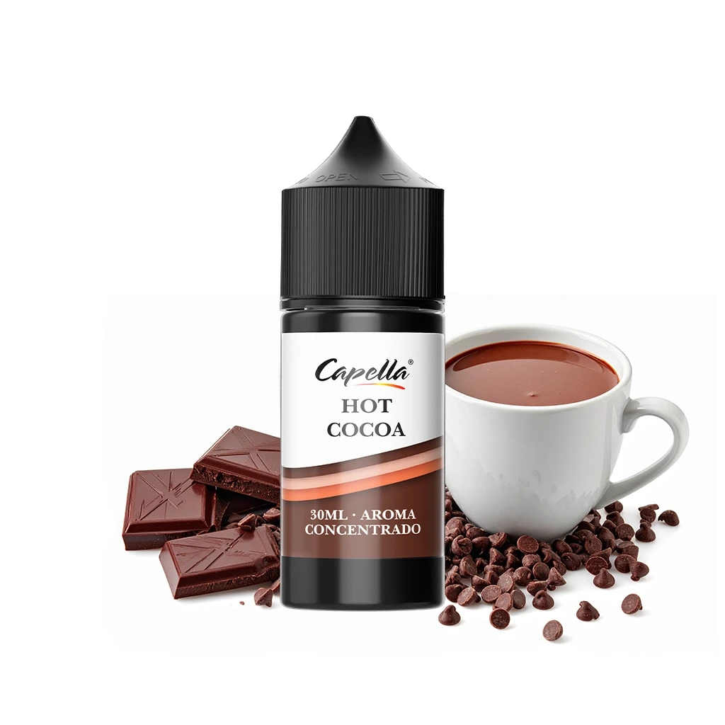 Frasco Capella Hot Cocoa de 30 ml con tapón negro, junto a una taza de chocolate caliente, onzas y pepitas de chocolate.