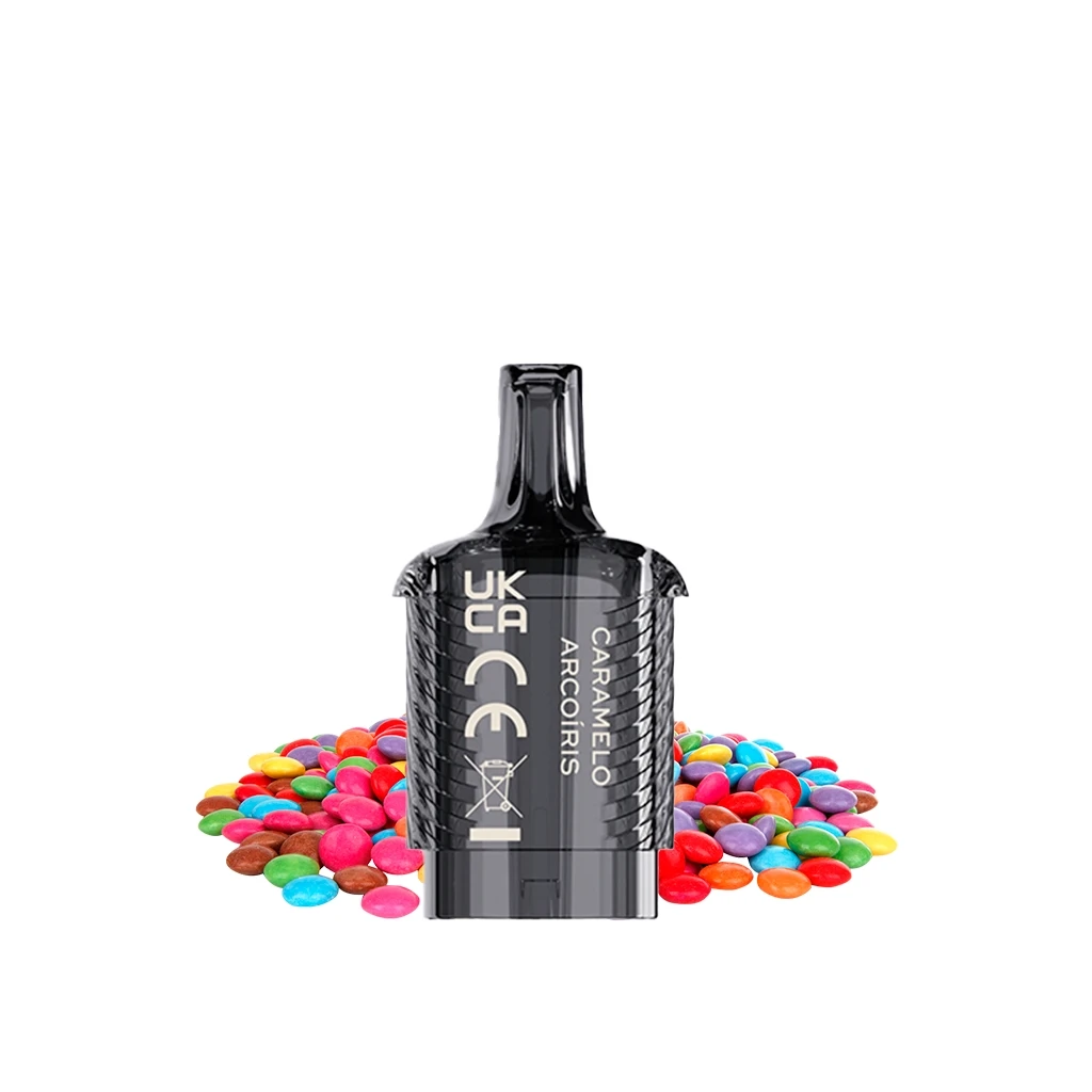 Pod negro Vozol Vista Plug Rainbow Candy con boquilla alargada y texto «Caramelo arcoíris», rodeado de caramelos de colores.
