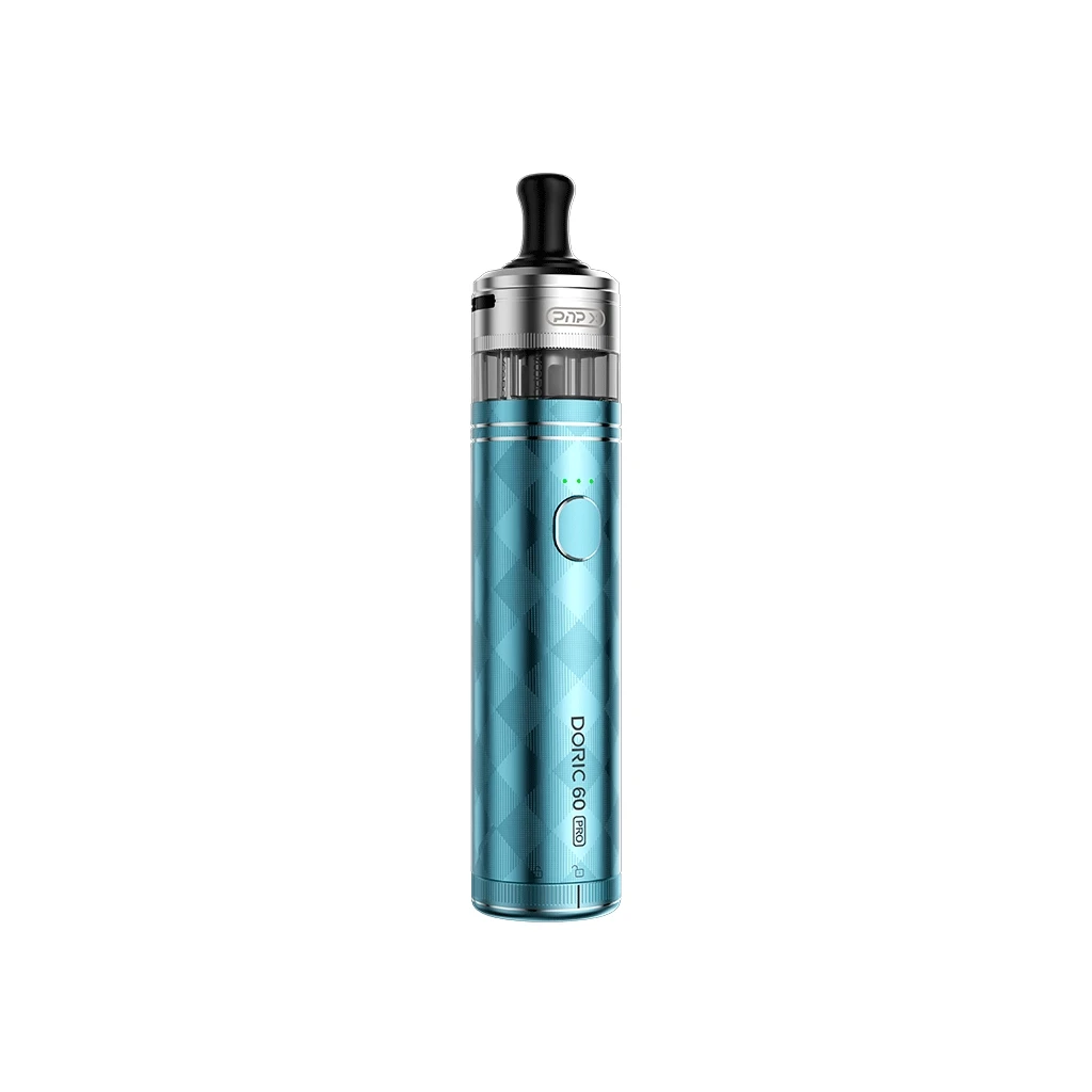 Vapeador Voopoo Doric 60 Pro de color turquesa, con botón ovalado, depósito transparente y boquilla negra sobre fondo blanco.