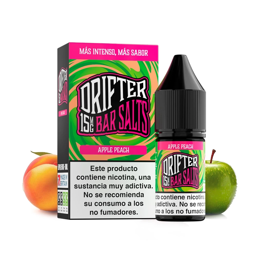 Frasco y caja de Drifter Bar Salts Apple Peach, con etiquetas verdes y rosas y advertencia sobre nicotina, junto a una manzana y un melocotón.