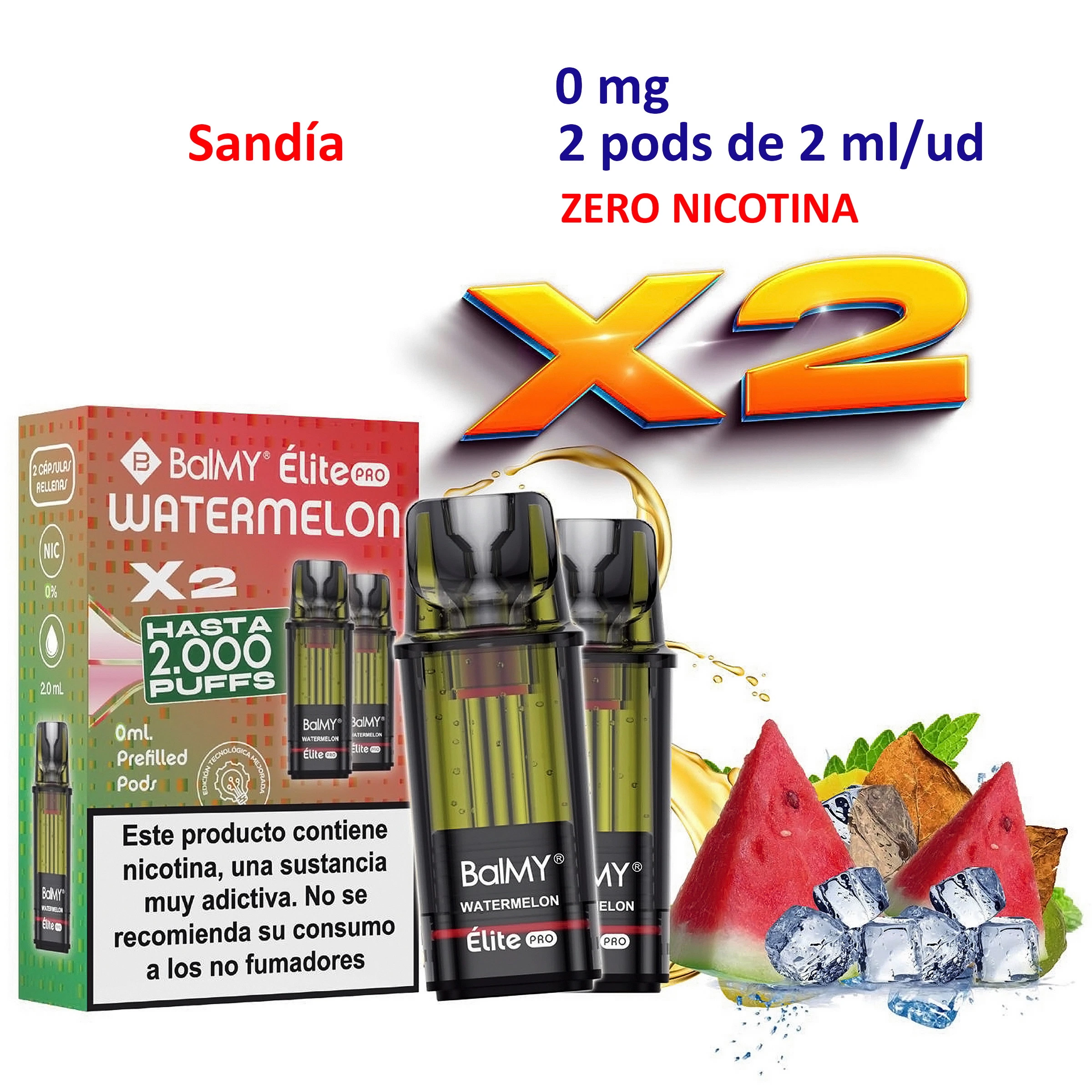 Pods BALMY ÉLITE PRO Watermelon junto a su caja, con sandía y hielo; el rótulo indica 0 mg y 2 pods de 2 ml por unidad.