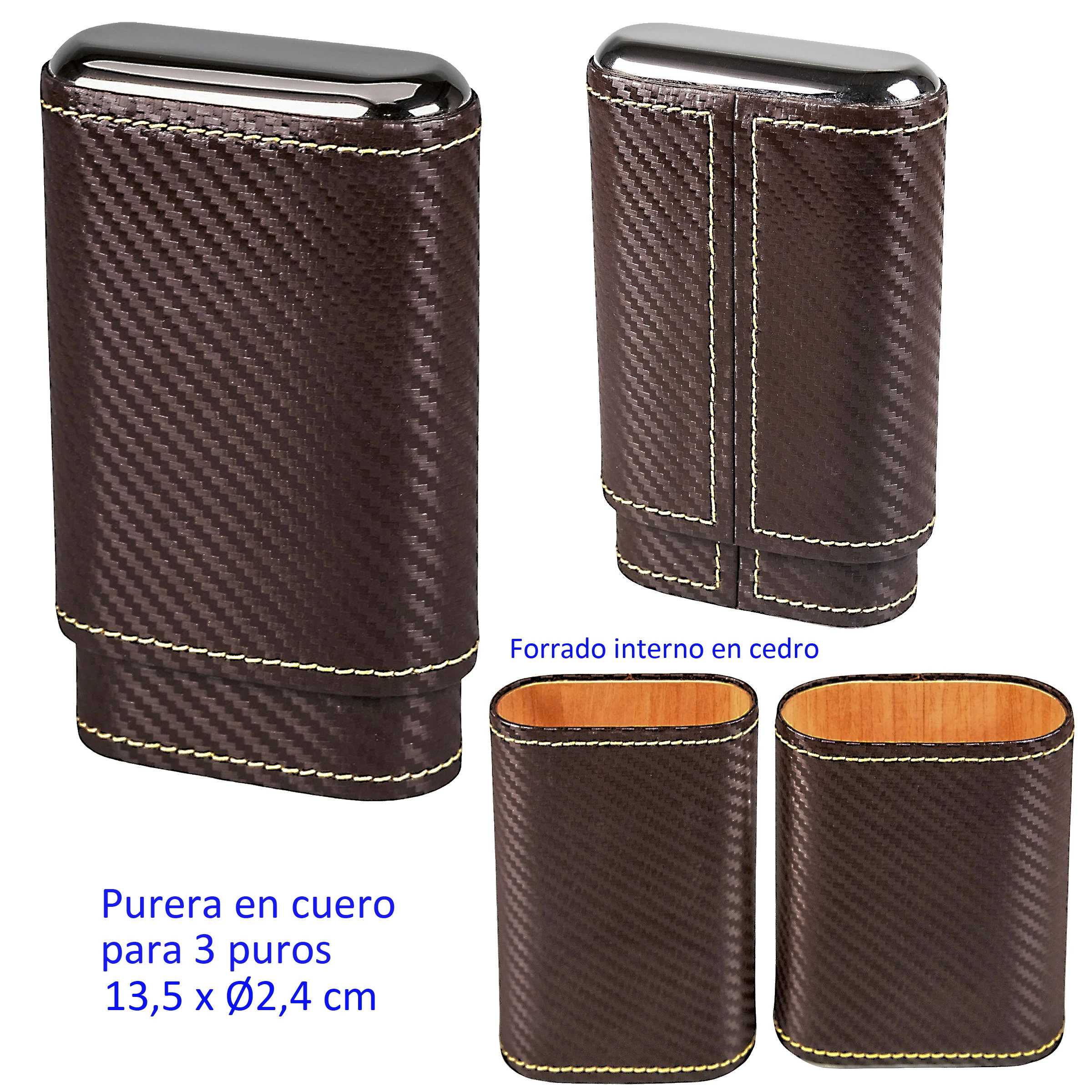 Purera de cuero marrón para tres puros, con textura diagonal y costuras claras, mostrada cerrada y abierta con el interior de cedro visible.