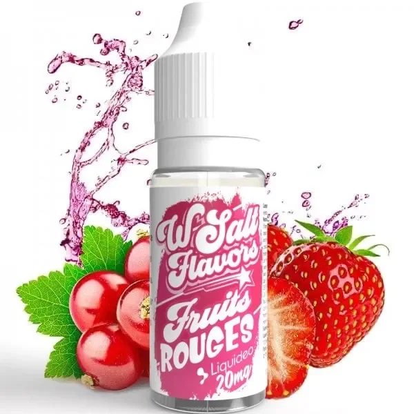 Frasco de e-líquido Wsalt Liquideo con tapón blanco y etiqueta rosa «Fruits Rouges», rodeado de fresas, bayas rojas y una salpicadura rosa.