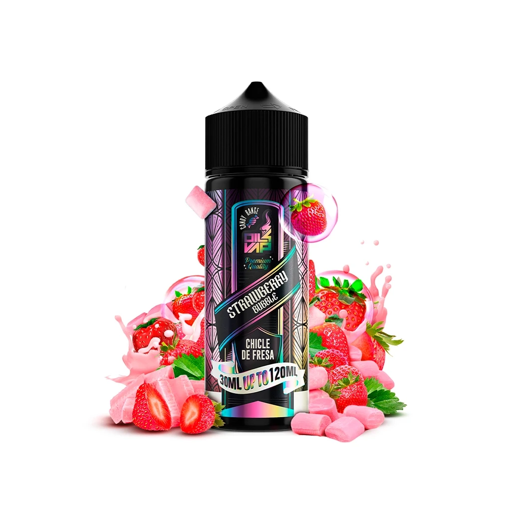 Bote Oil4vap Strawberry Bubble Longfill con tapón negro, rodeado de fresas, chicles rosas y salpicaduras rosadas sobre fondo blanco.