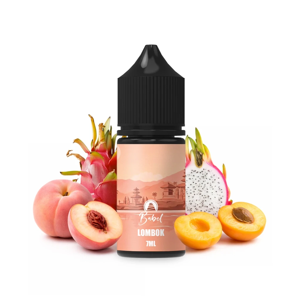 Bote Babel Lombok de 7 ml con tapón negro y etiqueta de tonos melocotón, rodeado de melocotón, pitahaya y albaricoques abiertos.
