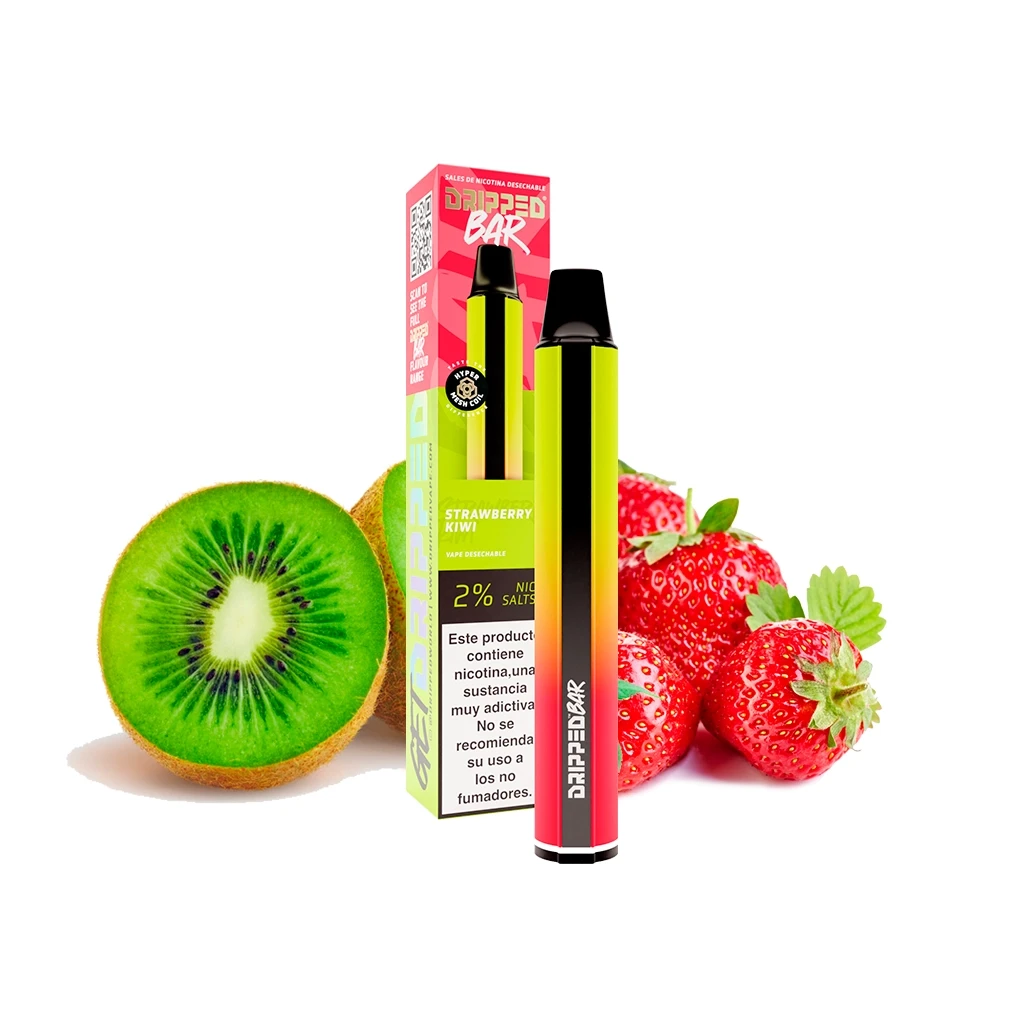 Vapeador Dripped Bar Strawberry Kiwi con cuerpo degradado verde y rosa, junto a su caja, fresas y medio kiwi sobre fondo blanco.