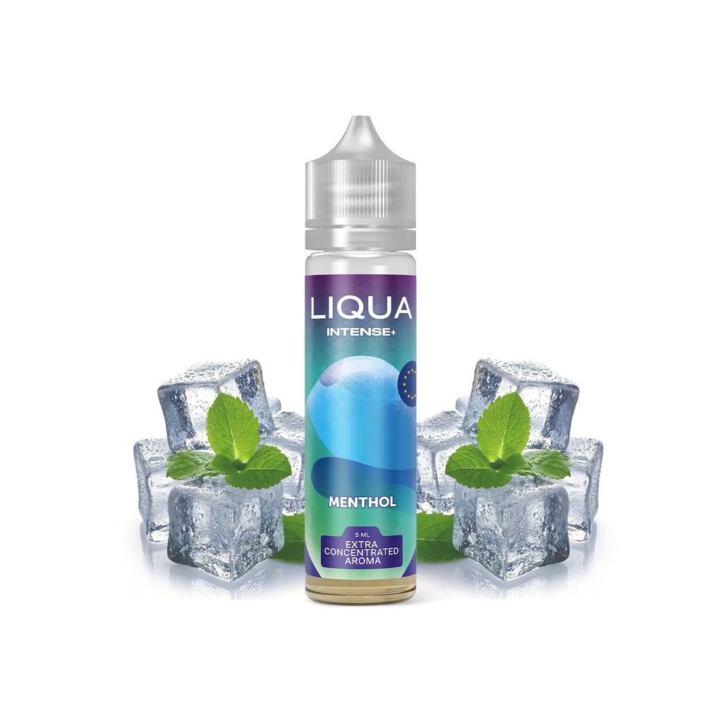 Frasco Liqua Intense Menthol con tapón gris y etiqueta azul y verde, rodeado de cubitos de hielo y hojas de menta sobre fondo blanco.