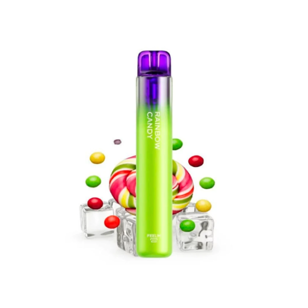 Vaper Vozol Neon Rainbow Candy verde con boquilla morada, presentado entre caramelos de colores y cubitos de hielo. Vaper Vozol Neon Rainbow Candy verde con boquilla morada, presentado entre caramelos de colores y cubitos de hielo.