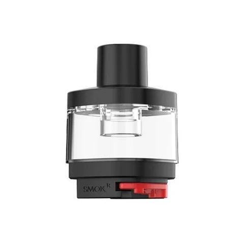 Depósito Smok RPM 5 Empty Pod transparente, con boquilla y base negras y una pieza roja en la parte inferior, sobre fondo blanco.