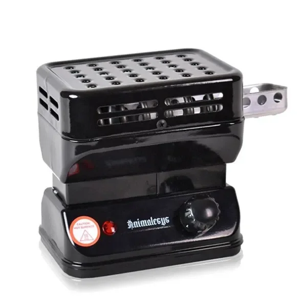 Hornillo eléctrico Tornado Animal negro, con cubierta perforada, asa lateral metálica, mando giratorio y piloto rojo.