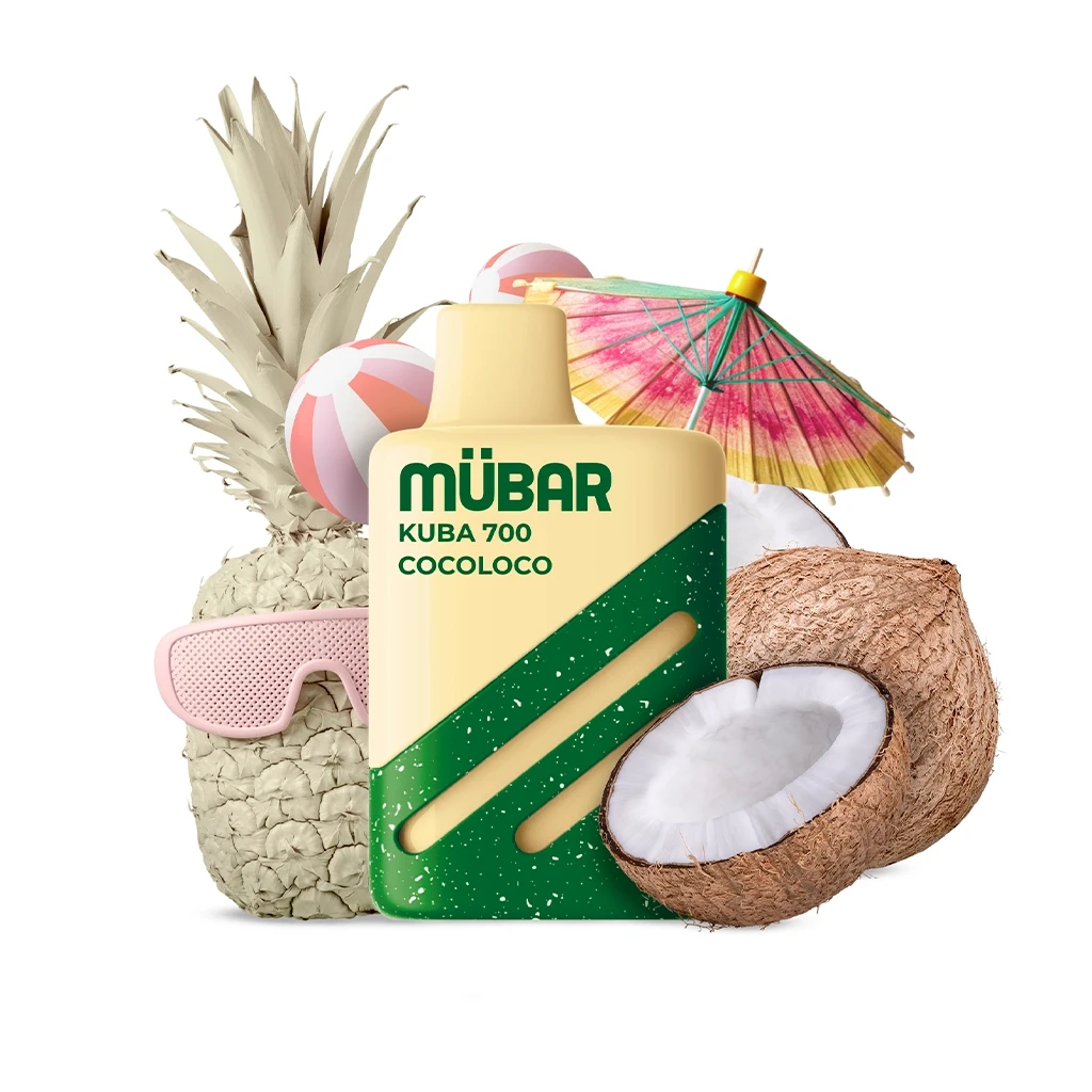 Vapeador Mübar Kuba 700 Cocoloco amarillo y verde, rodeado de coco, una piña con gafas rosas y una sombrilla de colores.