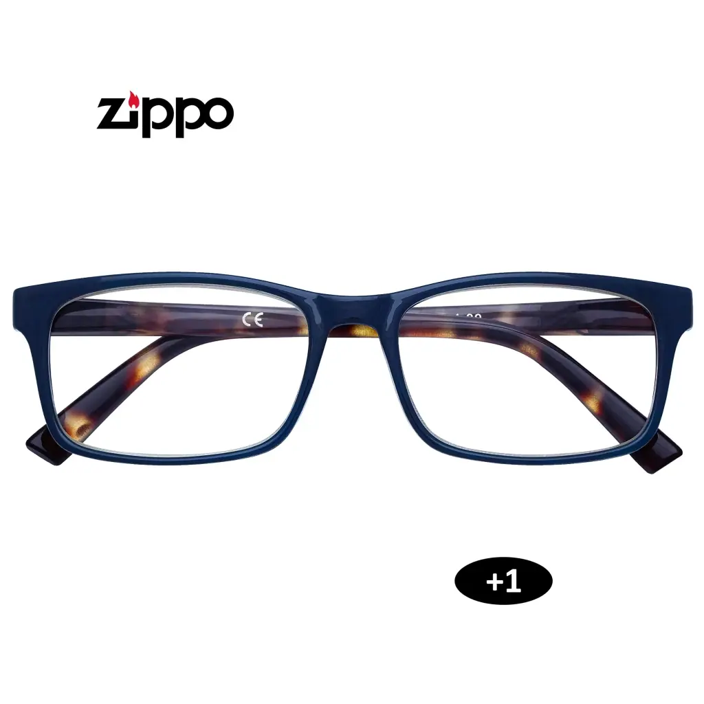 Gafas de lectura Zippo vistas de frente, con montura rectangular azul oscuro, patillas jaspeadas e indicación +1.