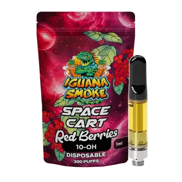 Cartucho Iguana Smoke Space Cart Red Berries con líquido amarillo y boquilla negra, junto a su bolsa roja rotulada 10-OH y 1 ml.
