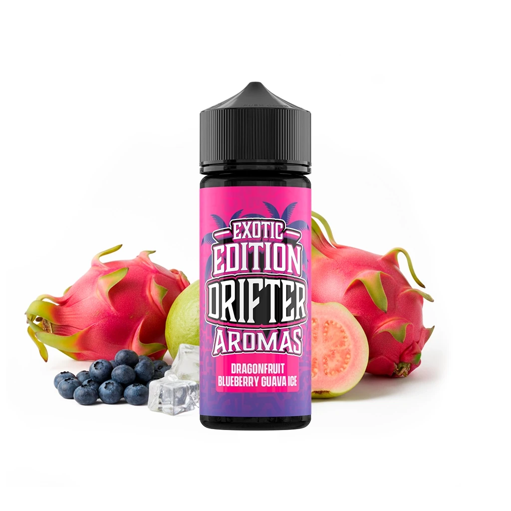 Frasco Drifter Exotic Dragonfruit Blueberry Guava Ice con etiqueta rosa, rodeado de pitahayas, arándanos, guayaba y cubitos de hielo.