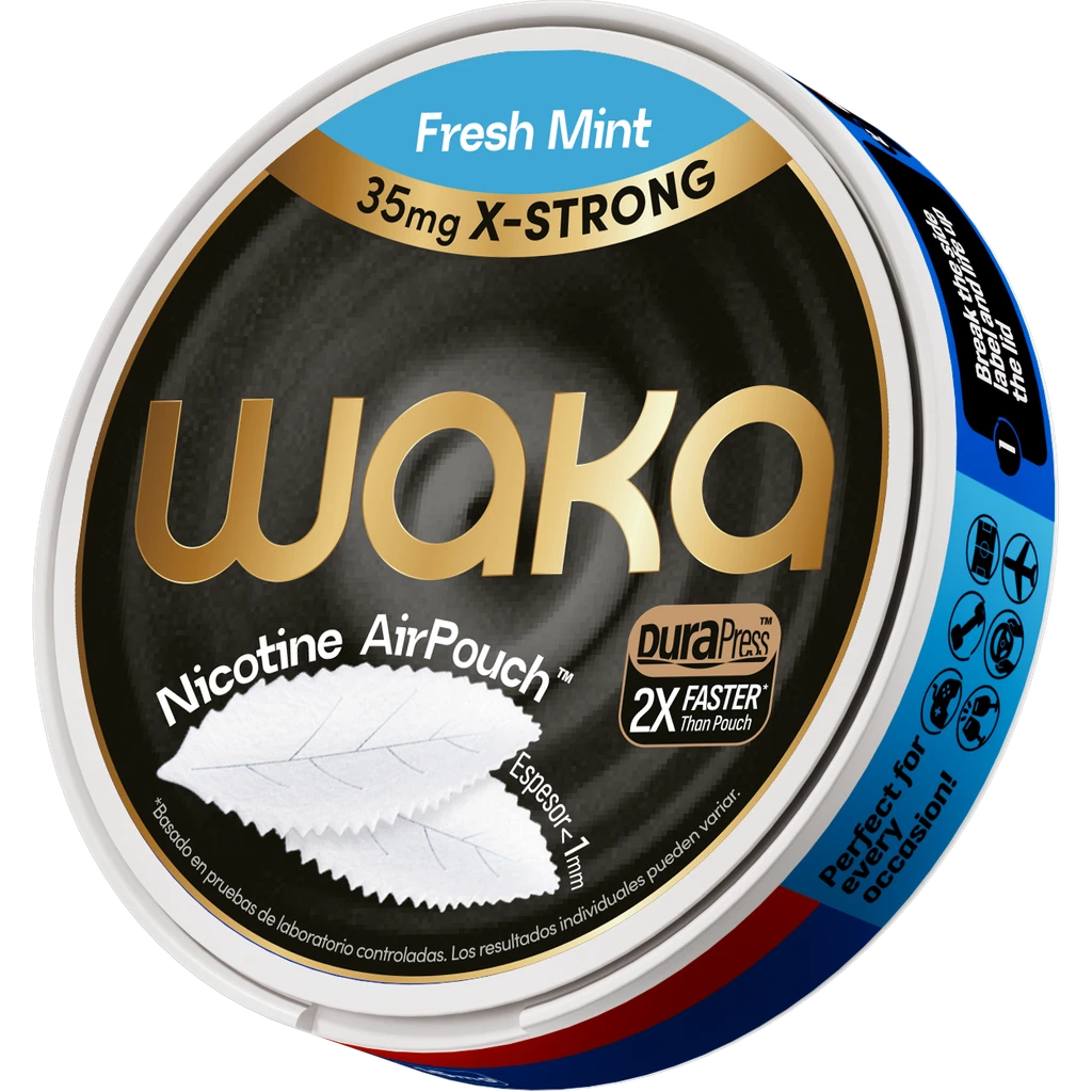 Envase redondo Waka Nicotine AirPouch Fresh Mint, inclinado, con tapa negra y dorada, borde azul y texto 35 mg X-STRONG.