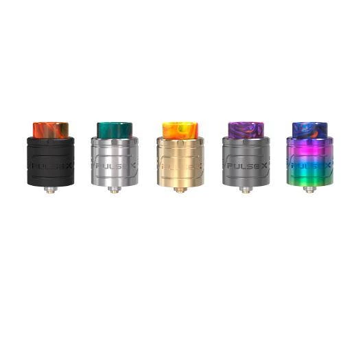 Variantes del atomizador Vandy Vape Pulse X RDA en negro, plateado, dorado, gris y multicolor, con boquillas de distintos colores.