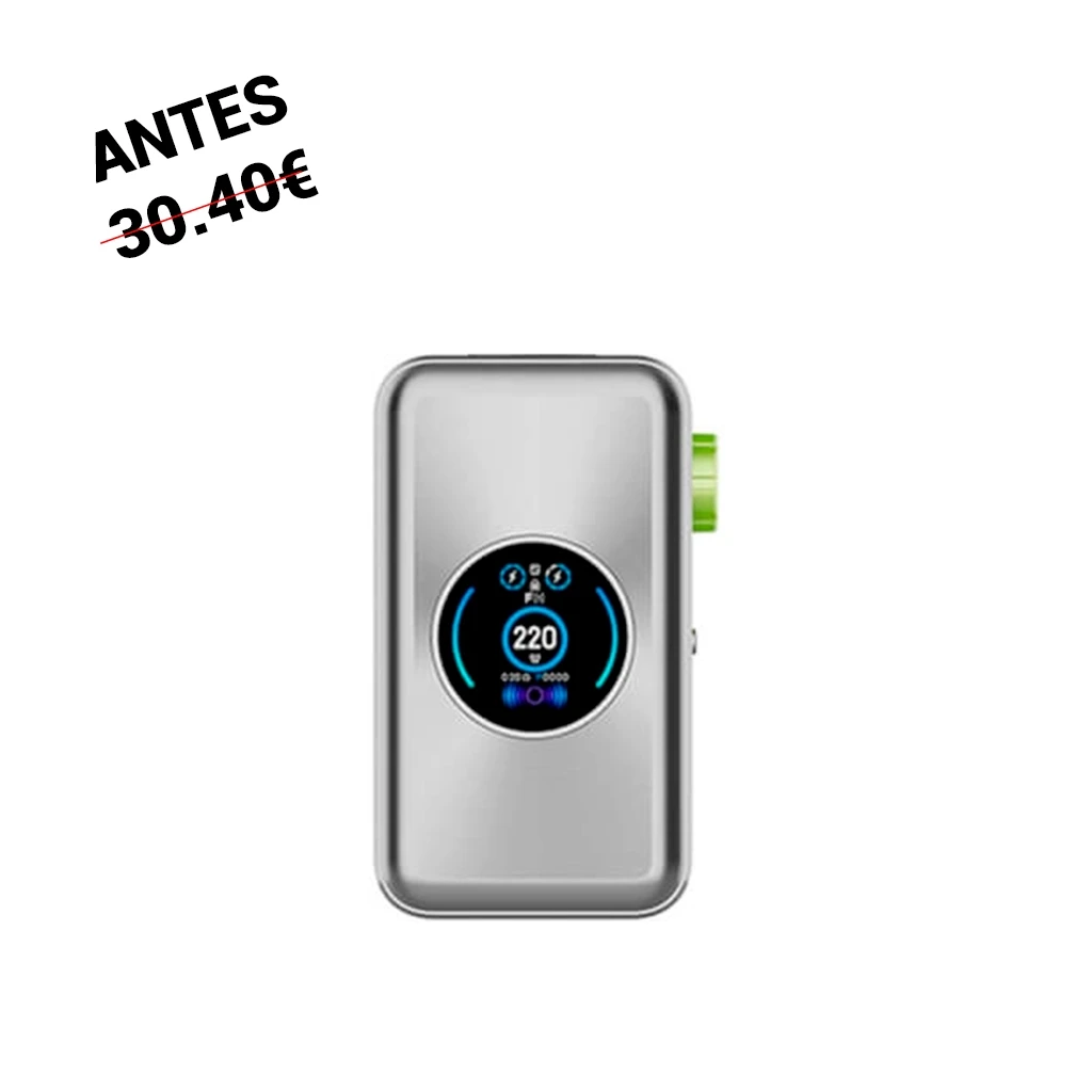 Vaporesso Gen Max Mod plateado visto de frente sobre fondo blanco, con pantalla circular que muestra 220 y mando lateral verde.