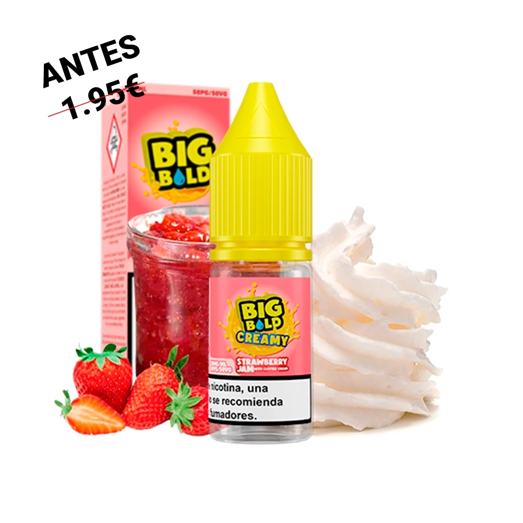 Frasco Big Bold Creamy Strawberry Jam con tapón amarillo y caja rosa, acompañado de fresas, un tarro de mermelada y crema blanca.