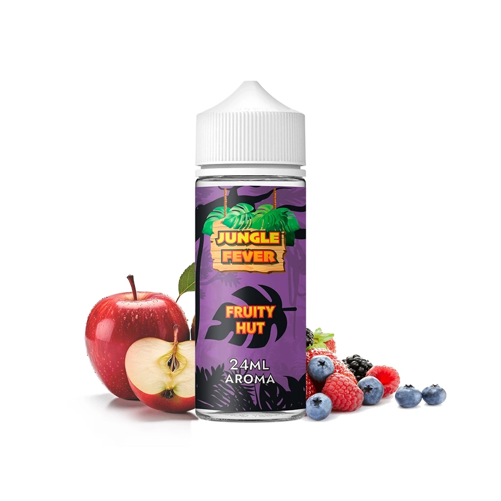 Bote de Jungle Fever Fruity Hub Longfill con tapón blanco y etiqueta morada de 24 ml, rodeado de manzana y frutos rojos.
