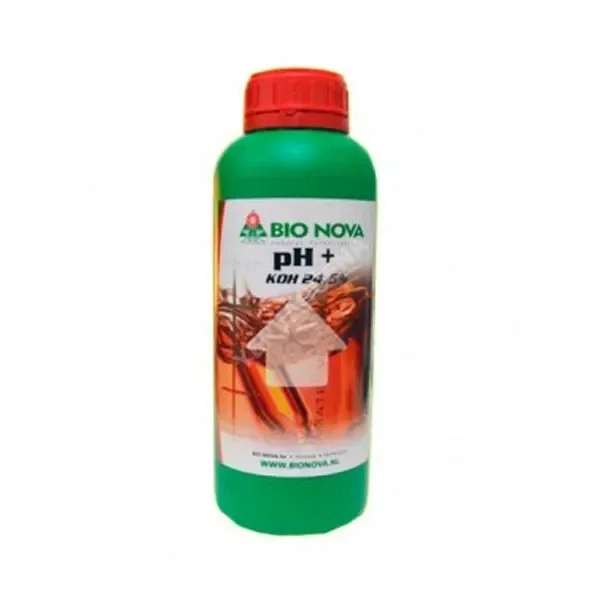 Botella verde de PH Up Bio Nova de 1 L con tapón rojo y etiqueta frontal con el texto «pH +» y una flecha ascendente.
