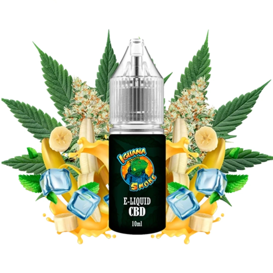 Frasco de e-líquido CBD Iguana Smoke de 10 ml, rodeado de plátanos, cubitos de hielo, hojas y cogollos en un montaje gráfico.