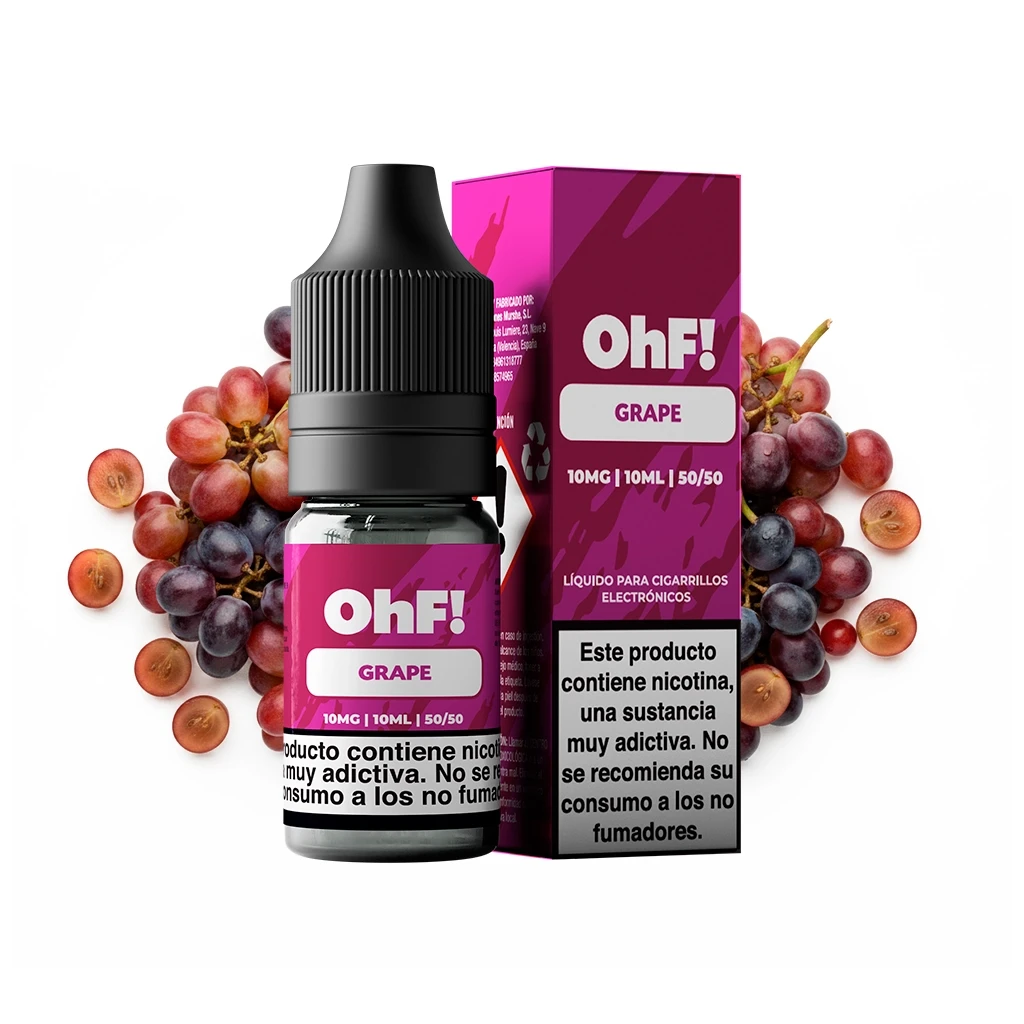 Frasco y caja magenta de OhF! Grape con uvas alrededor; etiquetas de 10 mg, 10 ml y 50/50 y advertencia sobre nicotina.
