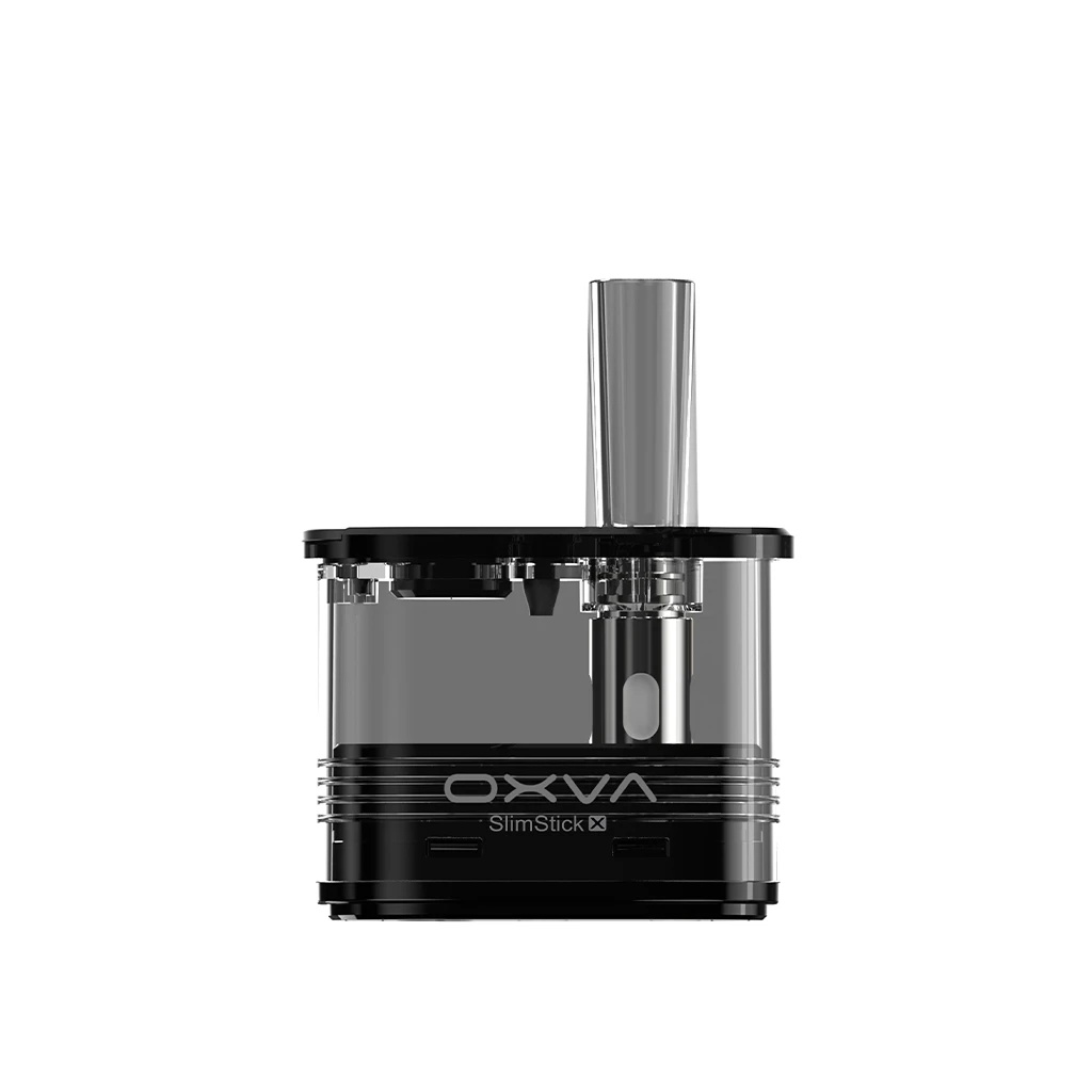 Pod de repuesto OXVA SlimStick X con depósito translúcido, base negra y boquilla tubular plateada sobre fondo blanco.