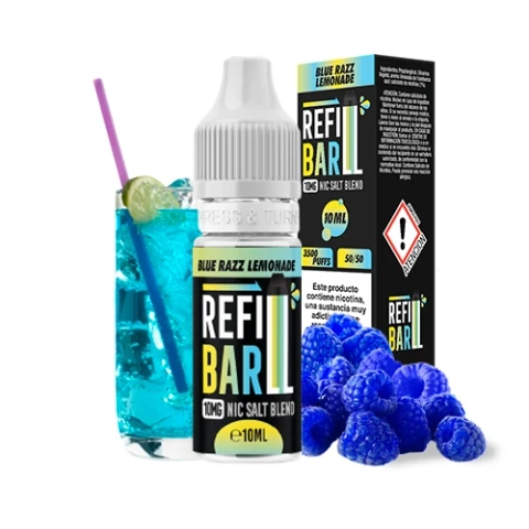 Frasco Refill Bar Blue Razz Lemonade con caja negra, junto a una bebida azul con pajita y frambuesas azules decorativas.