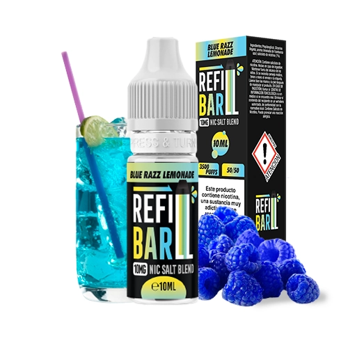 Frasco Refill Bar Blue Razz Lemonade con caja negra, junto a una bebida azul con pajita y frambuesas azules decorativas.