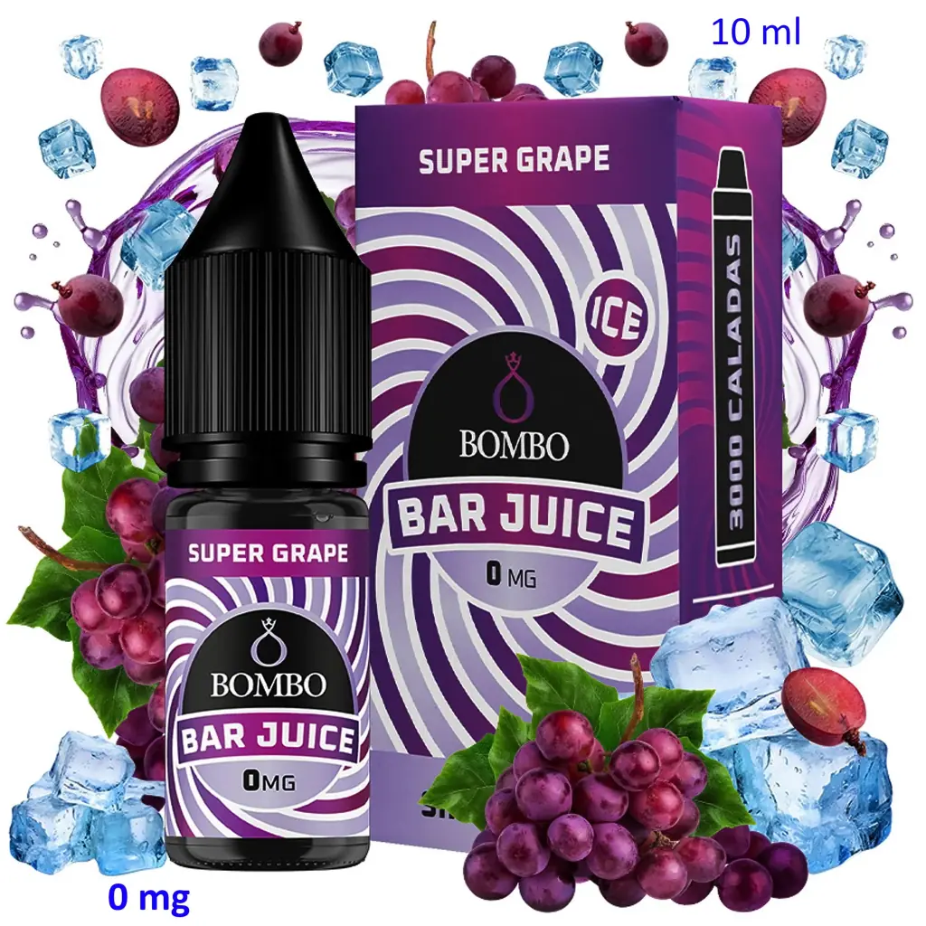 Frasco y caja morados de Bar Juice by Bombo Super Grape Ice, con etiquetas de 0 mg y 10 ml, rodeados de uvas y cubitos de hielo.