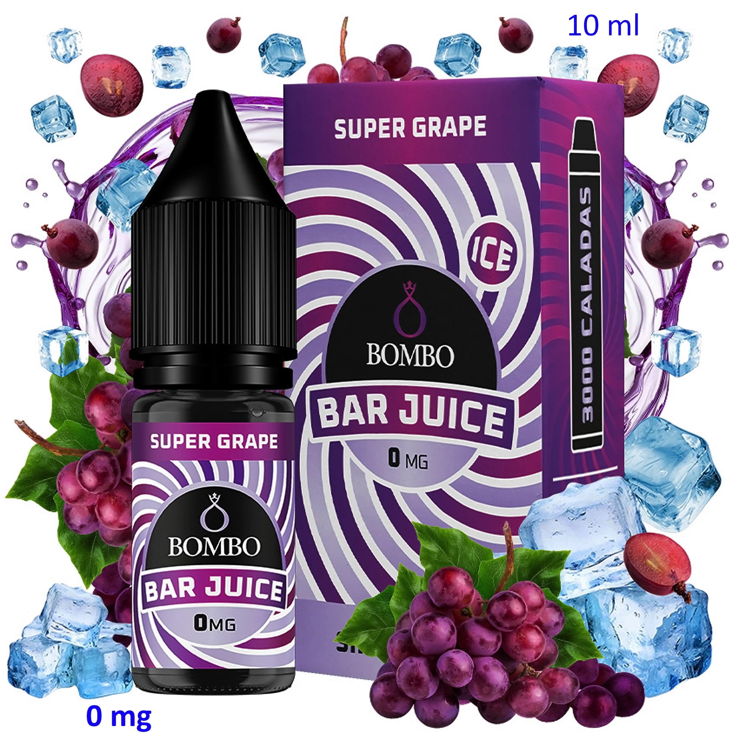 Frasco y caja morados de Bar Juice by Bombo Super Grape Ice, con etiquetas de 0 mg y 10 ml, rodeados de uvas y cubitos de hielo.