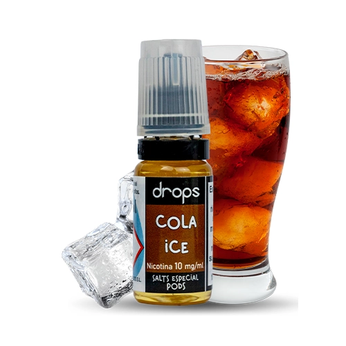 Frasco Drops Cola Ice con tapón translúcido y etiqueta de nicotina de 10 mg/ml, junto a hielos y un vaso de bebida oscura.