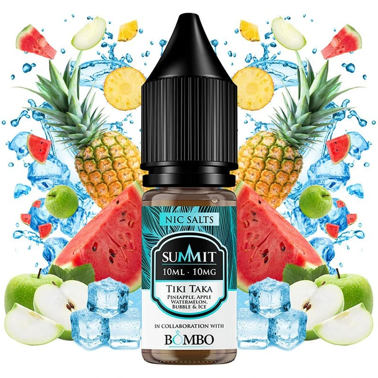 Frasco Tiki Taka de Summit y Bombo con etiqueta de 10 ml y 10 mg, rodeado de piñas, sandía, manzanas, hielos y salpicaduras azules.