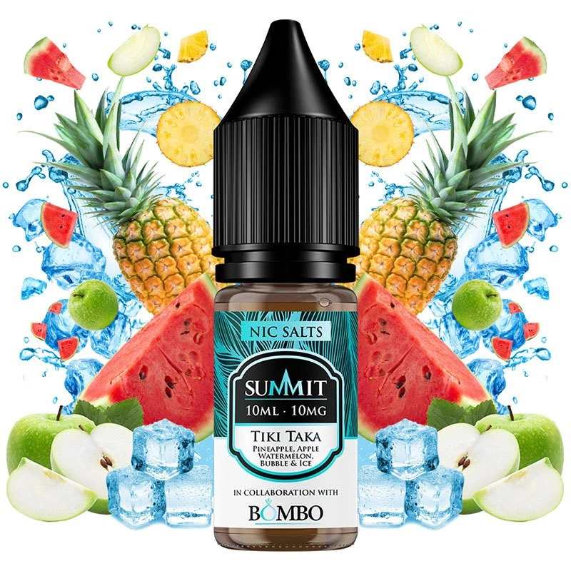 Frasco Tiki Taka de Summit y Bombo con etiqueta de 10 ml y 10 mg, rodeado de piñas, sandía, manzanas, hielos y salpicaduras azules.