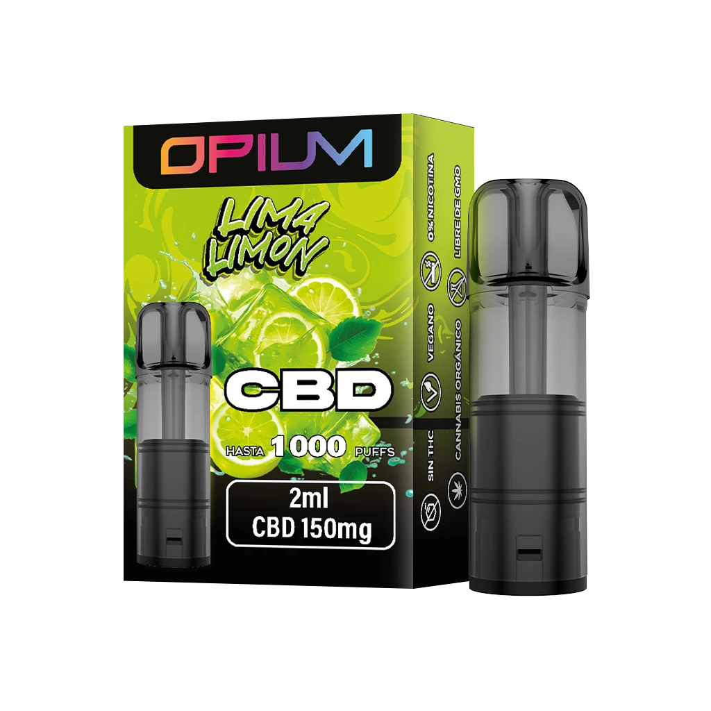 Cartucho Opium Lima Limón negro junto a su caja verde, con las indicaciones CBD 150 mg, 2 ml y hasta 1000 puffs sobre fondo negro.